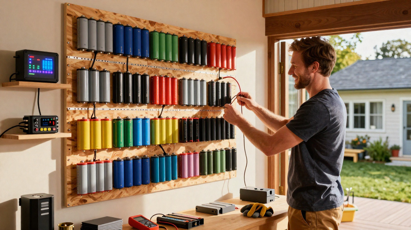 Homem conecta cabos em parede com baterias coloridas organizadas para projeto de energia em casa.