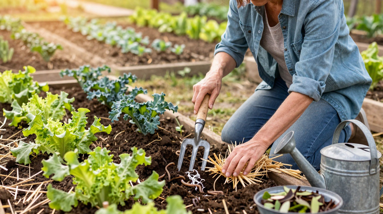 Pessoa cuidando de plantas em horta caseira com ferramenta de jardinagem e regador ao lado.