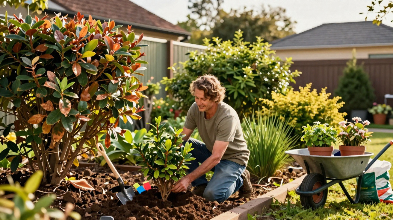 Homem jardineiro plantando arbusto em canteiro de terra em jardim residencial ensolarado.