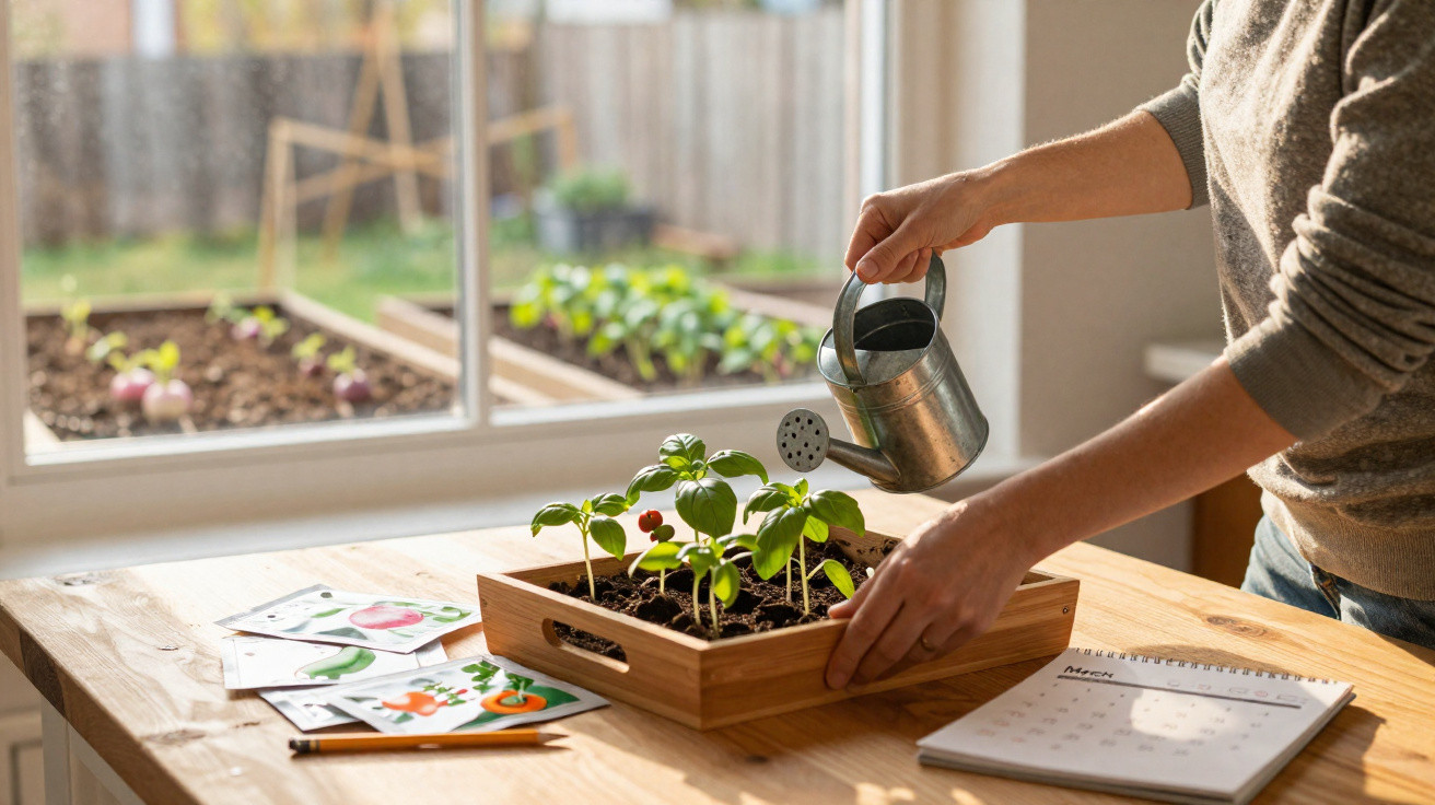 Pessoa regando mudas de plantas em vaso de madeira sobre mesa com sementes e calendário ao lado.
