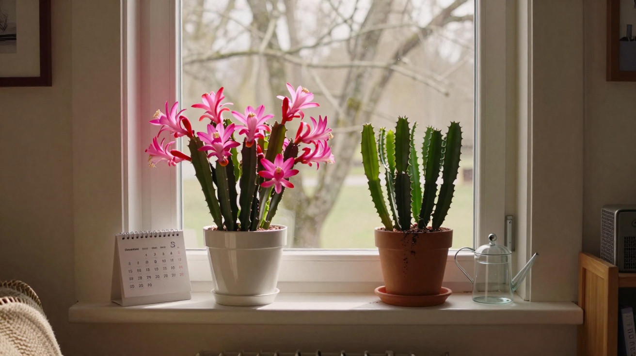 Duas plantas em vasos na janela, uma com flores rosas e a outra apenas com folhas verdes.
