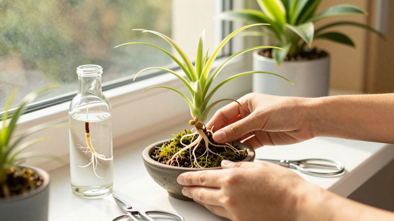 Mãos cuidando de planta com folhas verdes em vaso ao lado de garrafa com raiz em água na janela.