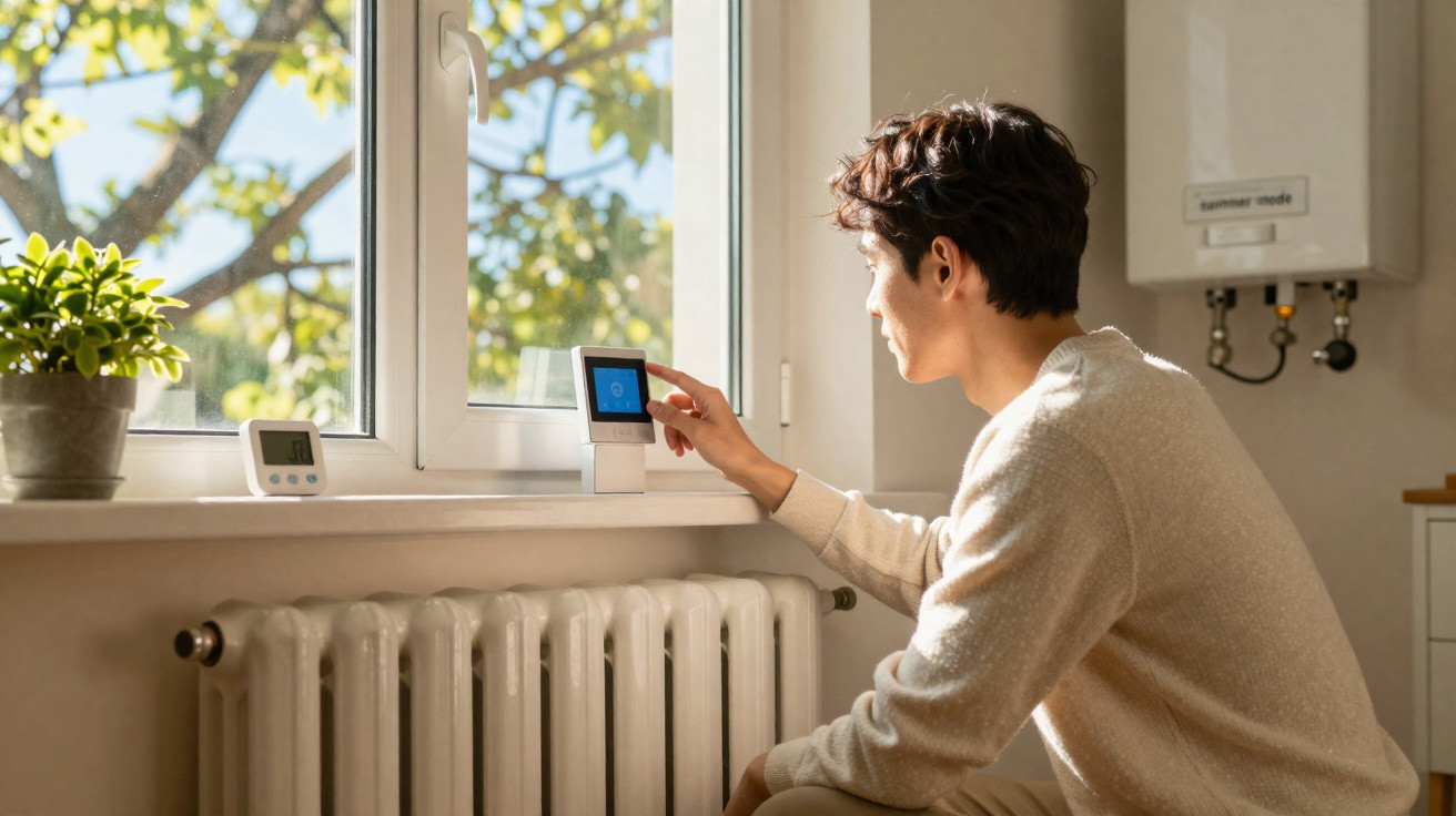 Homem ajustando termostato digital em ambiente interno, com radiador e janela ao fundo.