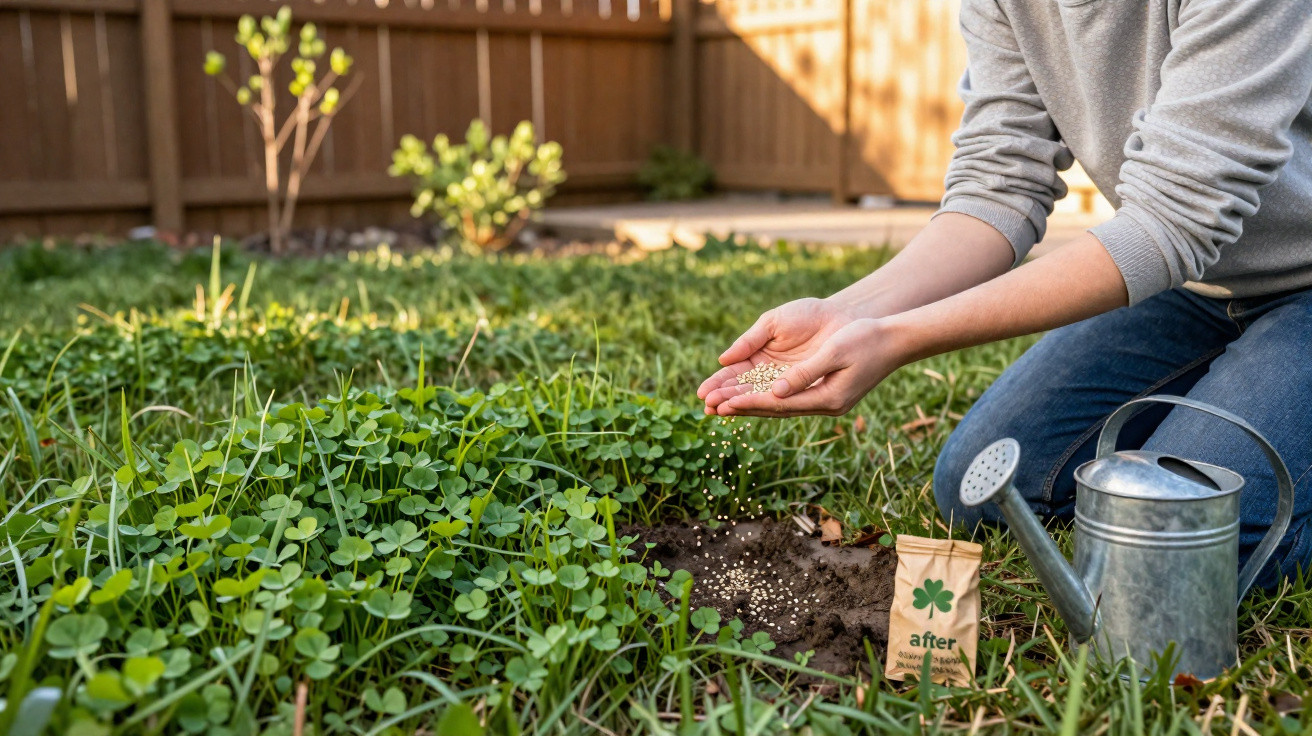 Pessoa sem rosto plantando sementes em jardim com regador metálico ao lado e grama verde ao redor.