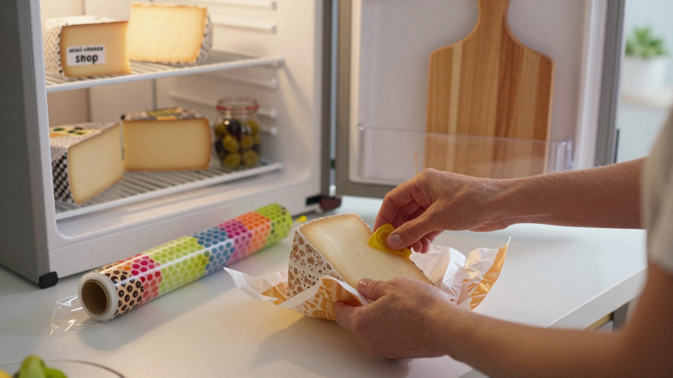 Mãos limpando um pedaço de queijo em uma bancada, com mini geladeira e tábua de corte ao fundo.