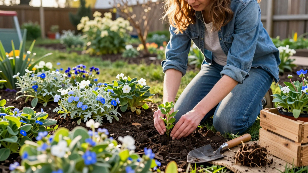 Mulher plantando muda em jardim com flores azuis e brancas em dia ensolarado.