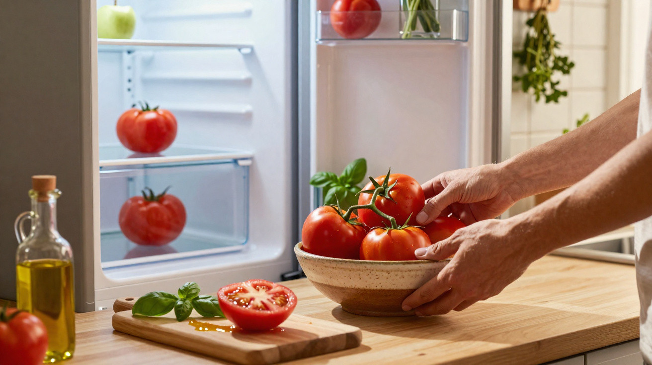 Mãos colocando tigela com tomates frescos sobre bancada de cozinha com geladeira aberta ao fundo.