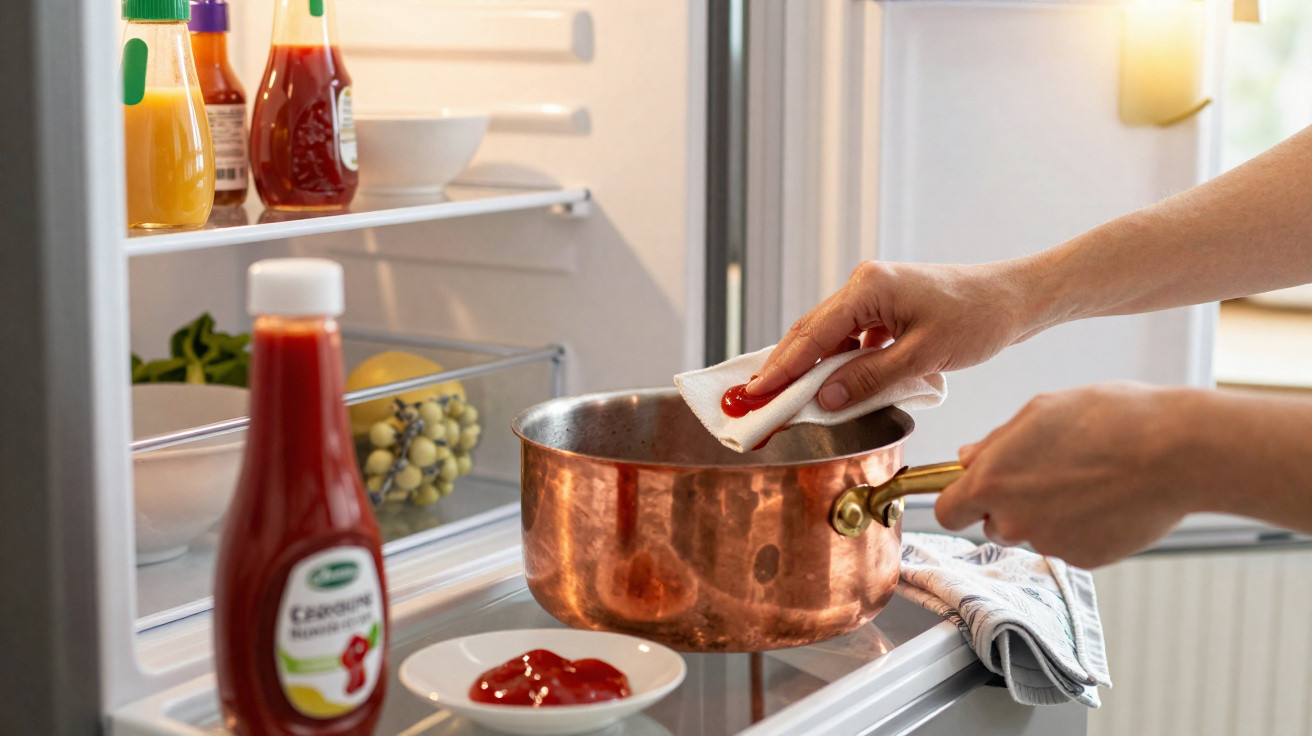 Mãos limpando a parte interna de panela de cobre com papel toalha e ketchup perto da geladeira aberta.