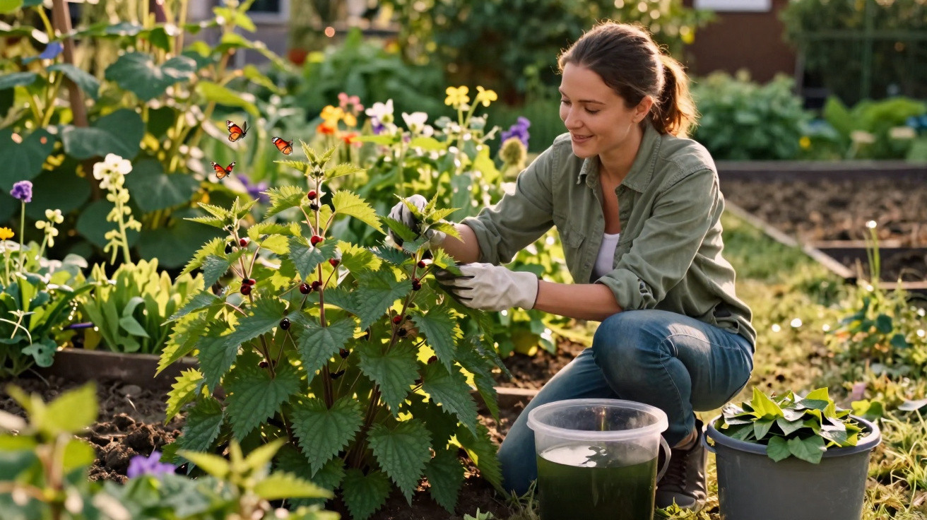 Mulher sorridente cuidando de planta com frutas vermelhas em jardim ensolarado, com borboletas voando.