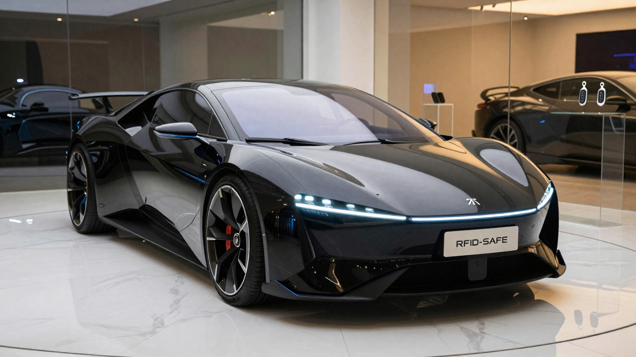 Carro esportivo preto com design futurista exposto em ambiente interno moderno com iluminação branca.