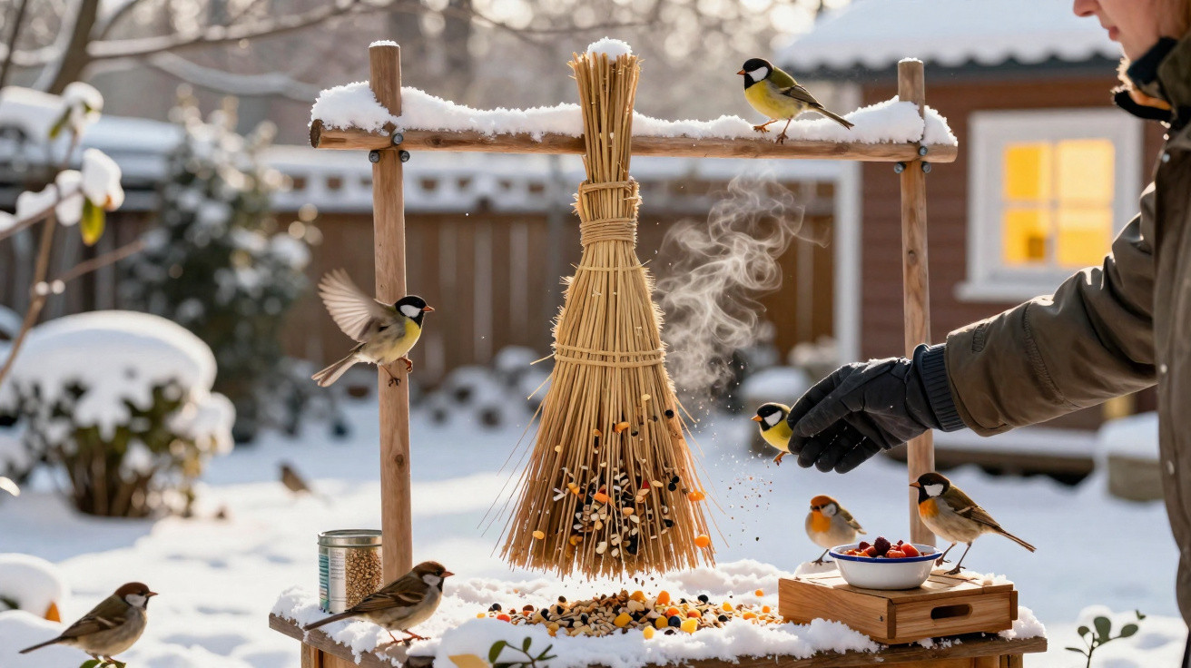 Pássaros alimentando-se em comedouro artesanal de palha em ambiente com neve e pessoa de luvas negras.