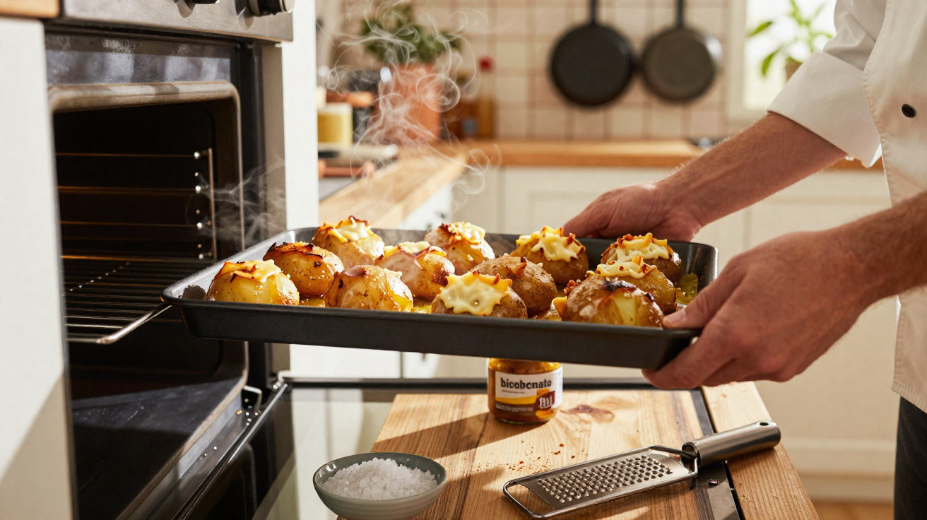 Pessoa retirando assadeira do forno com batatas assadas e gratinadas em cozinha iluminada.