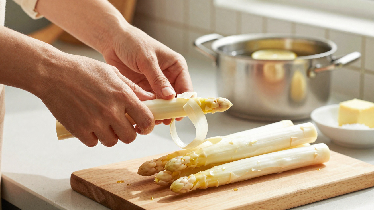 Mãos descascando aspargos brancos sobre tábua de madeira na cozinha com panela e manteiga ao fundo.