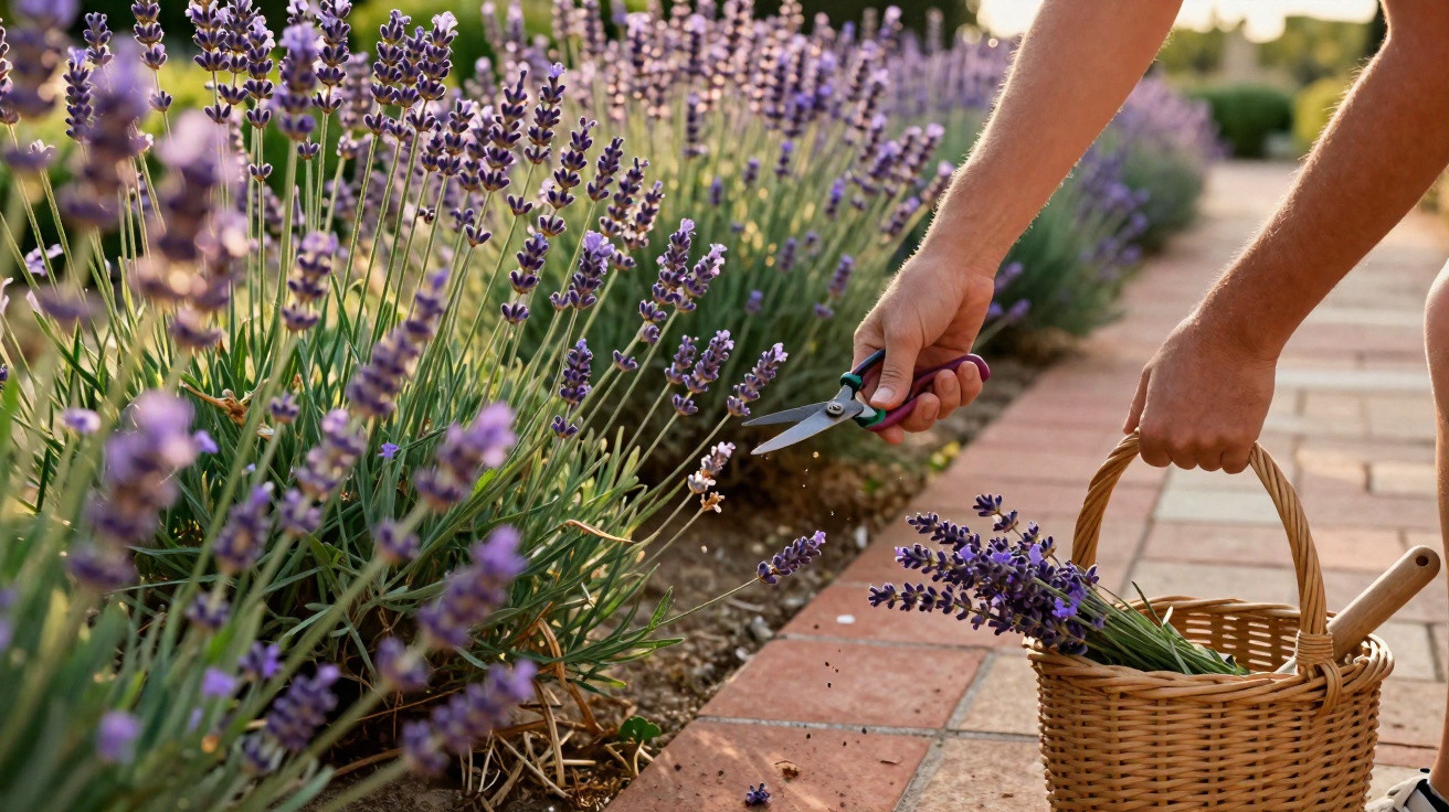 Pessoa colhendo flores de lavanda em cesta de vime ao lado de calçada de pedra.