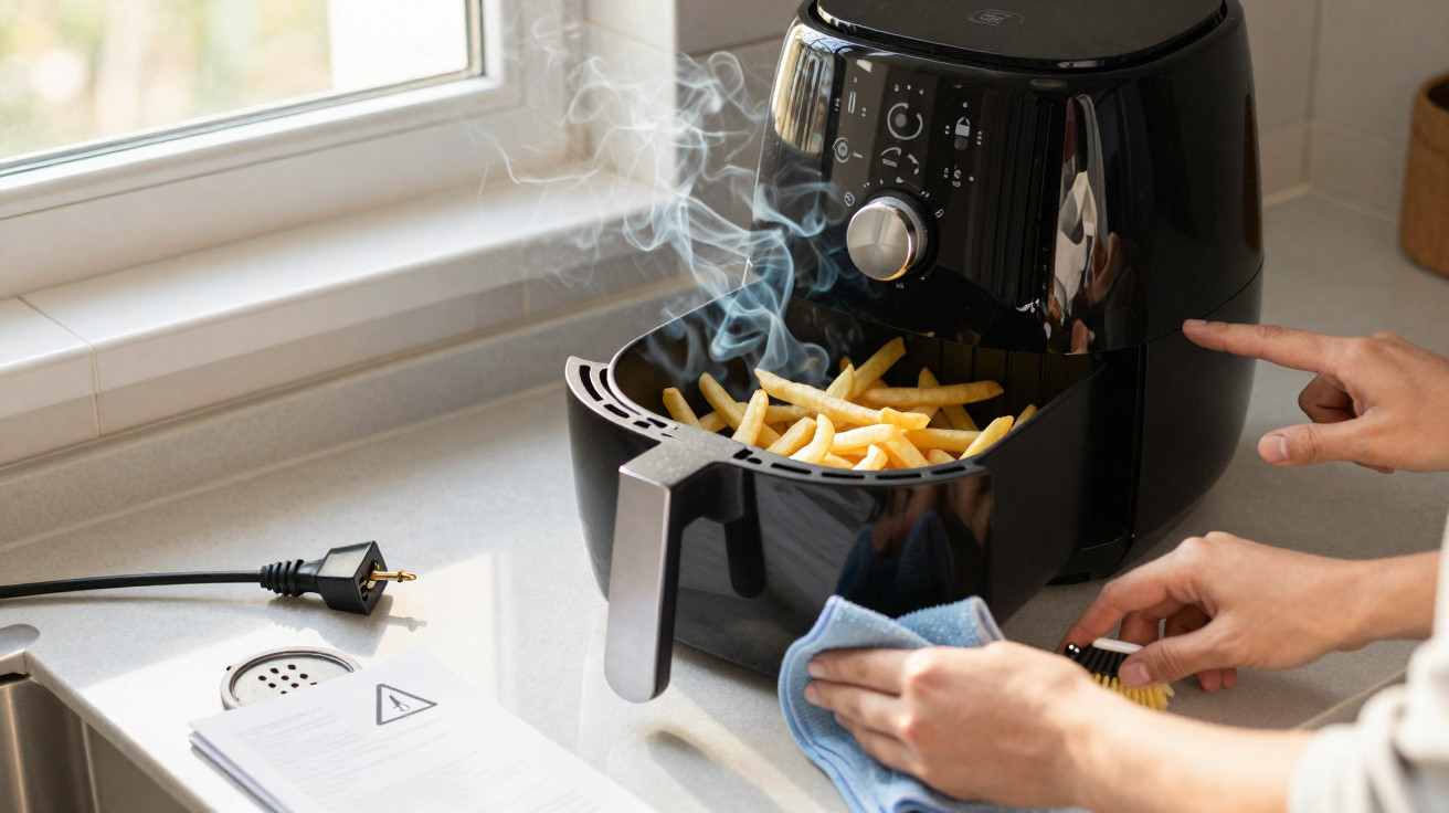 Mãos seguram tecido azul ao tirar batatas fritas quentes de fritadeira elétrica preta na cozinha.