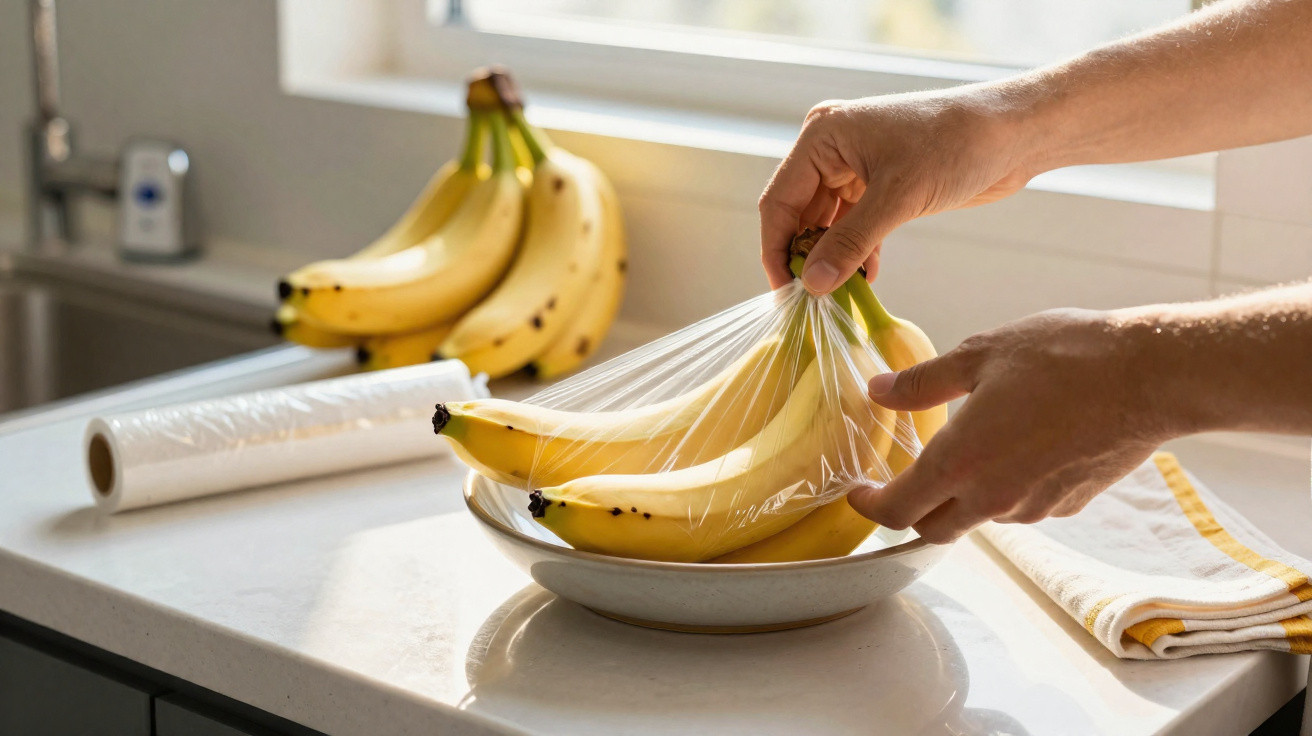 Mãos cobrindo bananas com filme plástico em prato na bancada de cozinha iluminada pelo sol.
