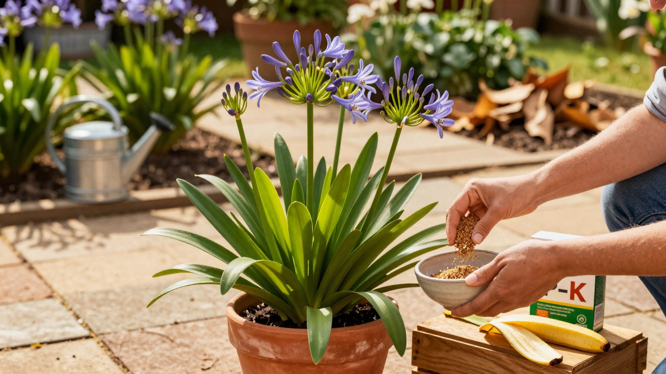Planta com flores roxas em vaso e pessoa preparando mistura para adubo em jardim ensolarado.