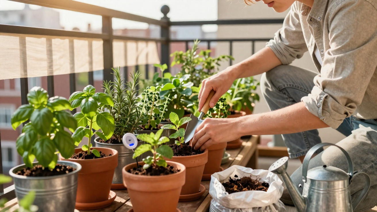 Pessoa cuidando de plantas em vasos em varanda ensolarada, usando ferramenta de jardinagem.