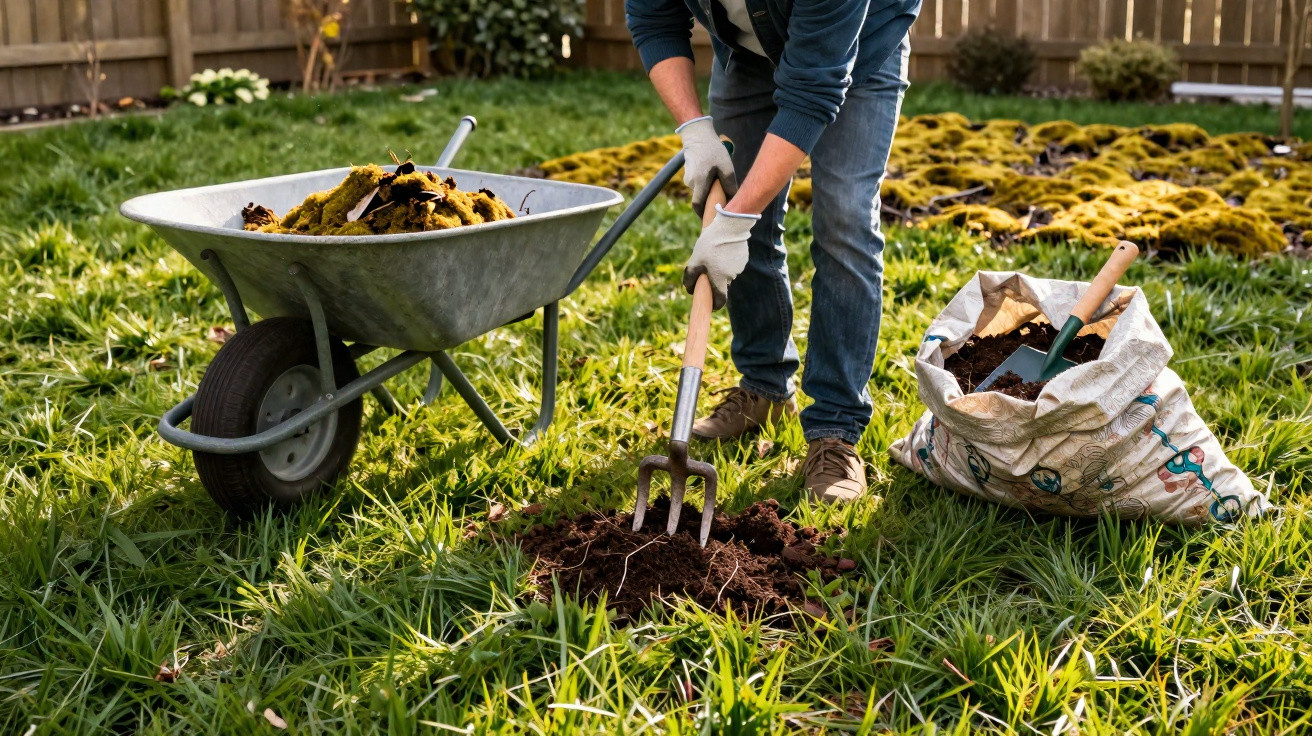 Pessoa cavando terra com ancinho em jardim, carrinho de mão e saco com terra ao lado.