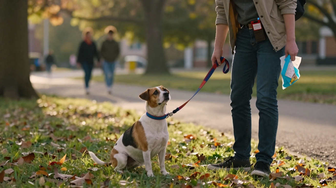Pessoa passeando com cachorro sentado na grama em parque com folhas pelo chão.