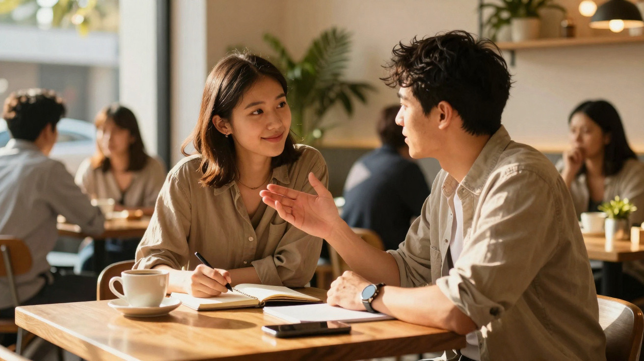 Casal jovem conversando e tomando café em cafeteria com cadernos e celular sobre a mesa.