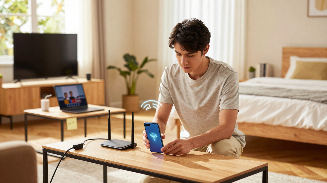Homem sentado conectando celular a roteador Wi-Fi sobre mesa em sala com cama ao fundo.