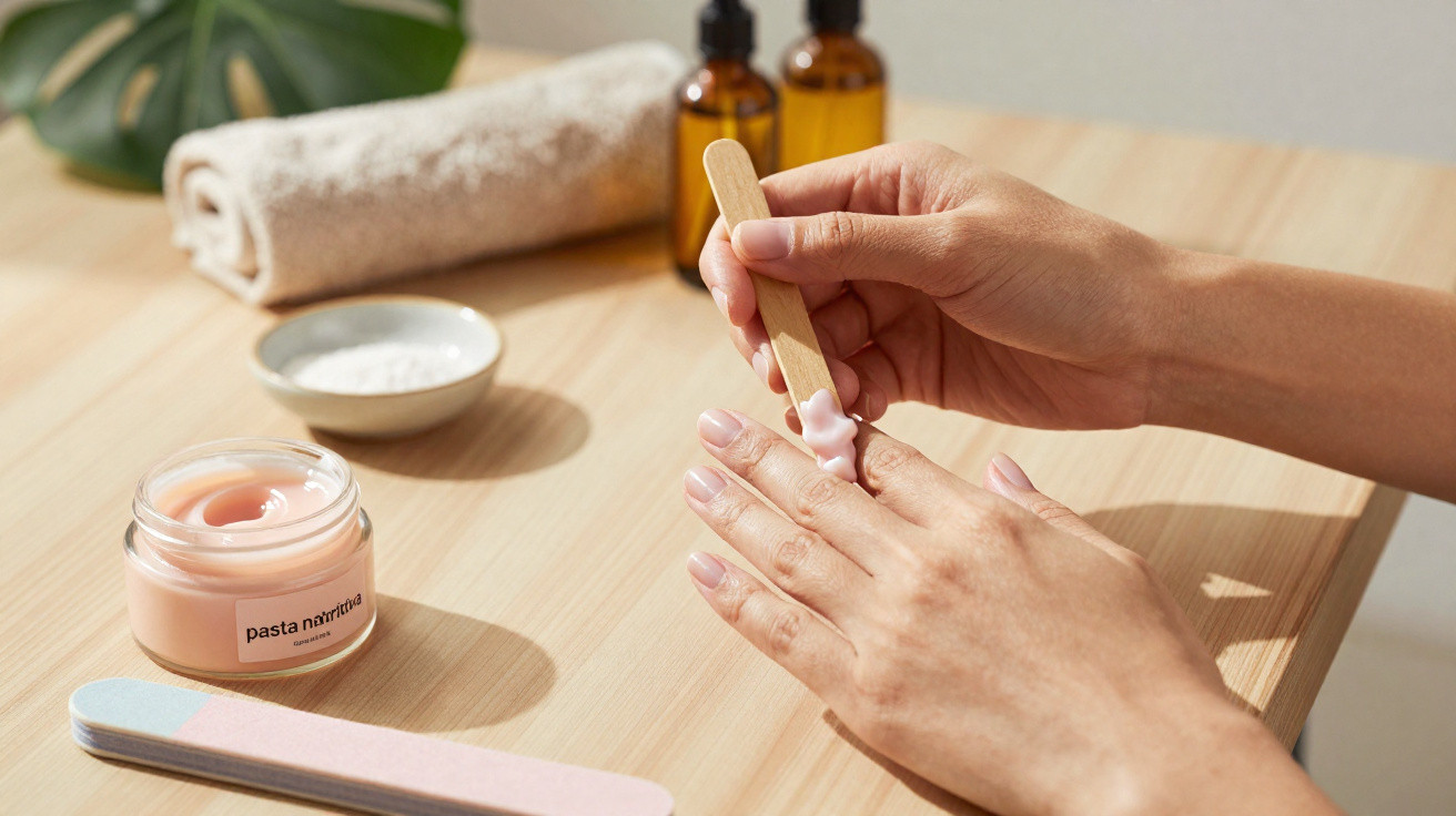 Mãos aplicando creme rosa com espátula de madeira sobre a unha, ao lado de arquivo, creme e toalha.