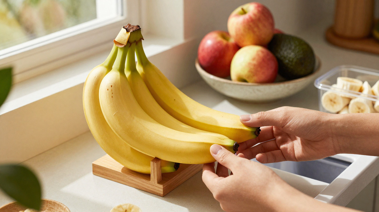 Mãos segurando um cacho de bananas sobre suporte de madeira em cozinha com frutas ao fundo.