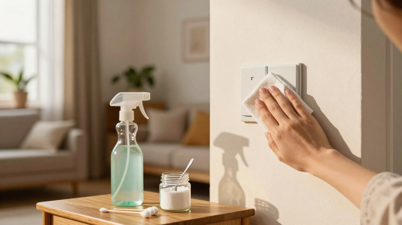 Pessoa limpando interruptor de luz com pano, à frente spray e pote com pó de limpeza em mesa de madeira.