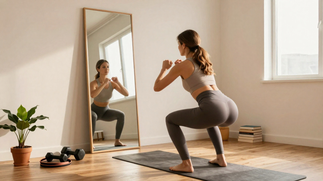 Mulher praticando agachamento em tapete de yoga em frente a espelho em sala iluminada com halteres ao lado.