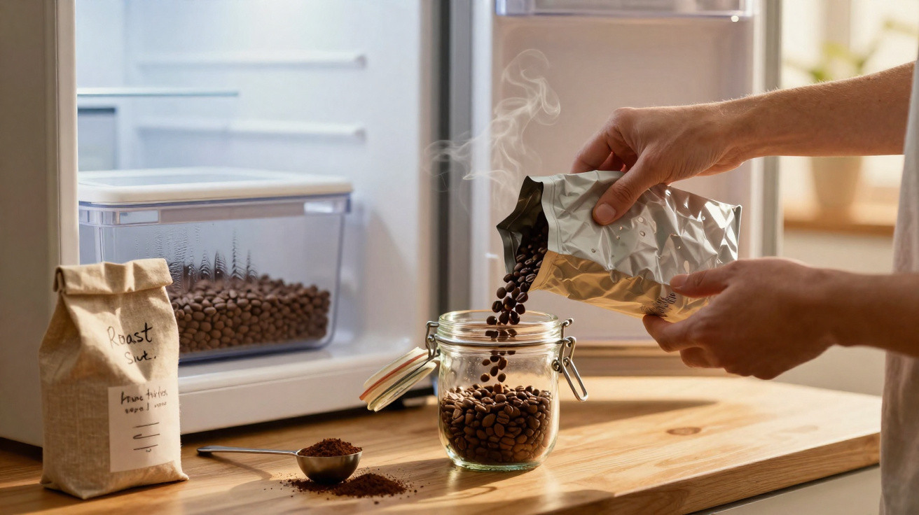 Mãos colocando grãos de café em pote de vidro na cozinha com armário aberto ao fundo.