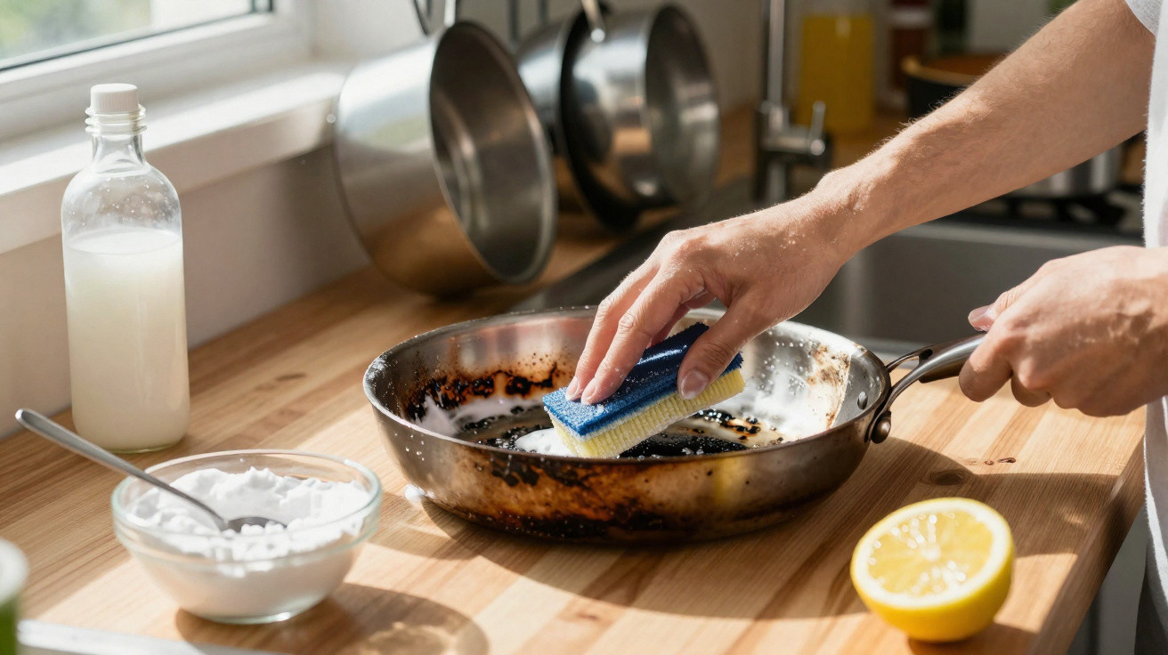 Mãos esfregando frigideira queimada com esponja azul na bancada da cozinha com limão e bicarbonato.