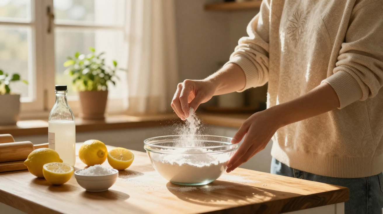 Pessoa preparando massa em uma tigela de vidro com ingredientes e limões sobre a mesa de madeira.