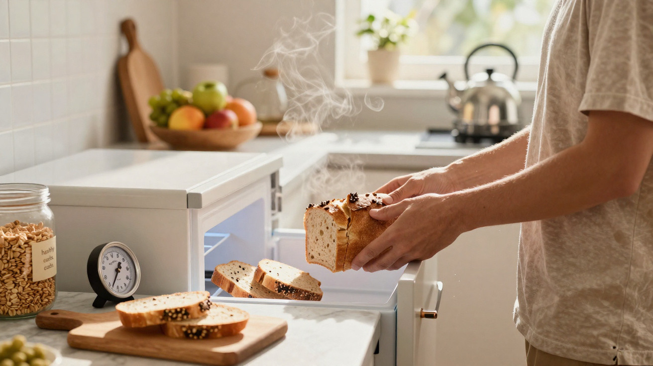 Pessoa retirando pão quente de forno pequeno na cozinha iluminada com frutas ao fundo.
