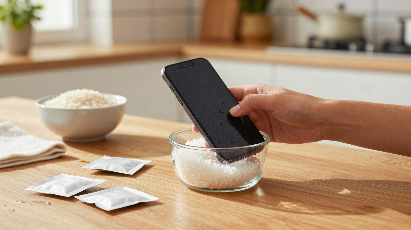 Mão colocando celular molhado em recipiente com arroz branco para secar sobre mesa de madeira na cozinha.