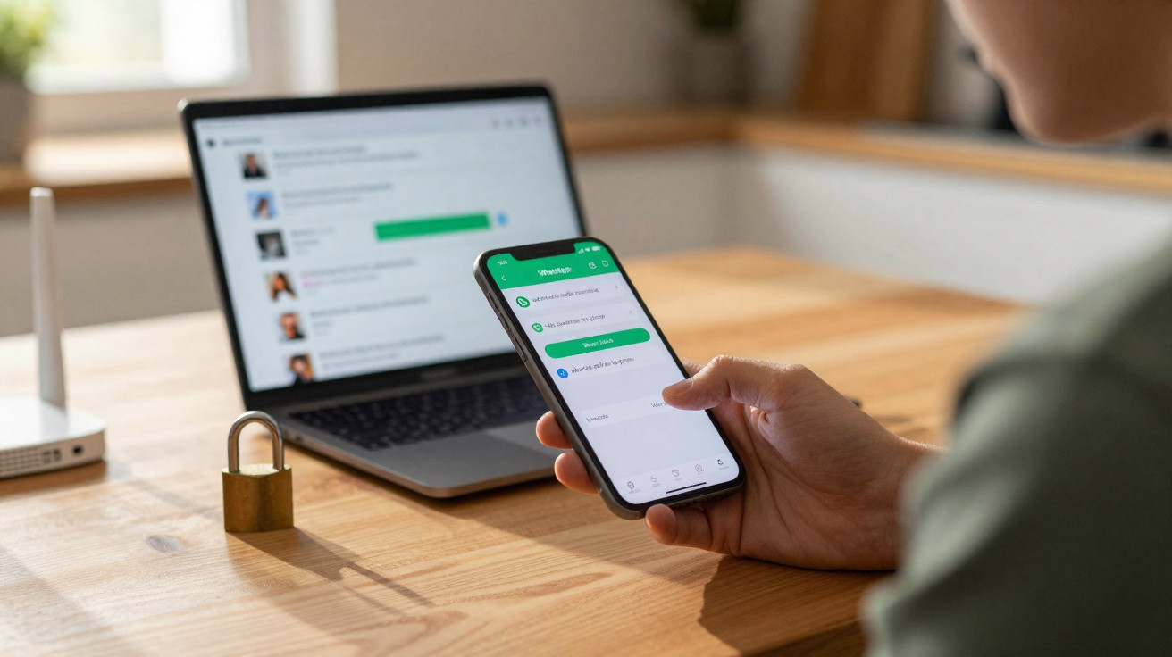 Pessoa usando smartphone com WhatsApp aberto, ao lado de laptop conectado a rede Wi-Fi e cadeado sobre mesa de madeira.