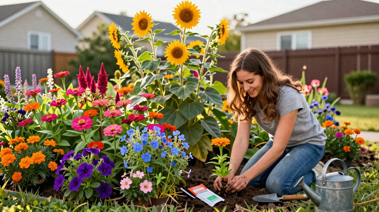 Mulher plantando flores coloridas em jardim com girassóis ao fundo em área residencial.