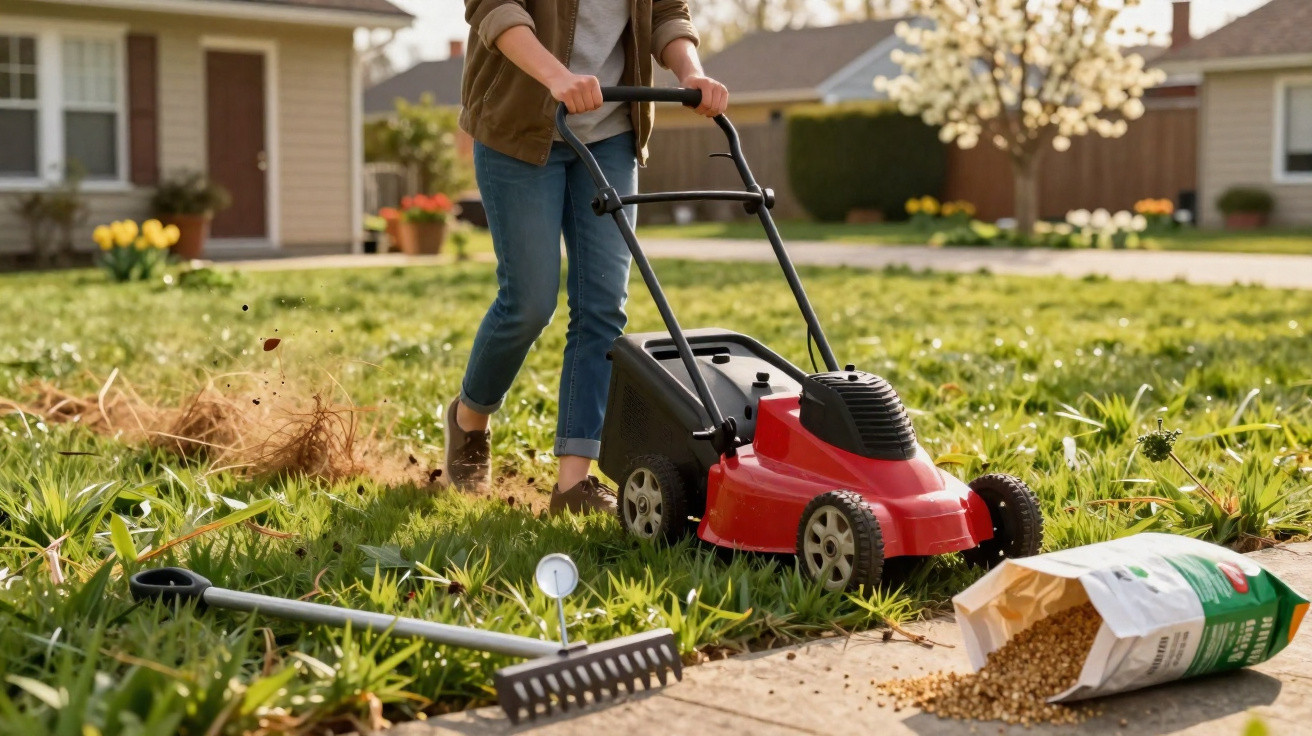 Pessoa cortando grama com cortador vermelho em jardim residencial, com ancinho e saco de sementes no chão.