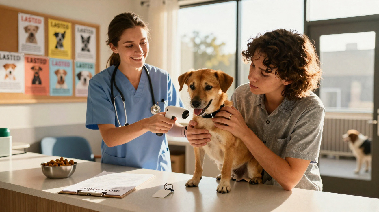 Veterinária examinando cachorro sobre mesa com dono segurando o animal em clínica iluminada.
