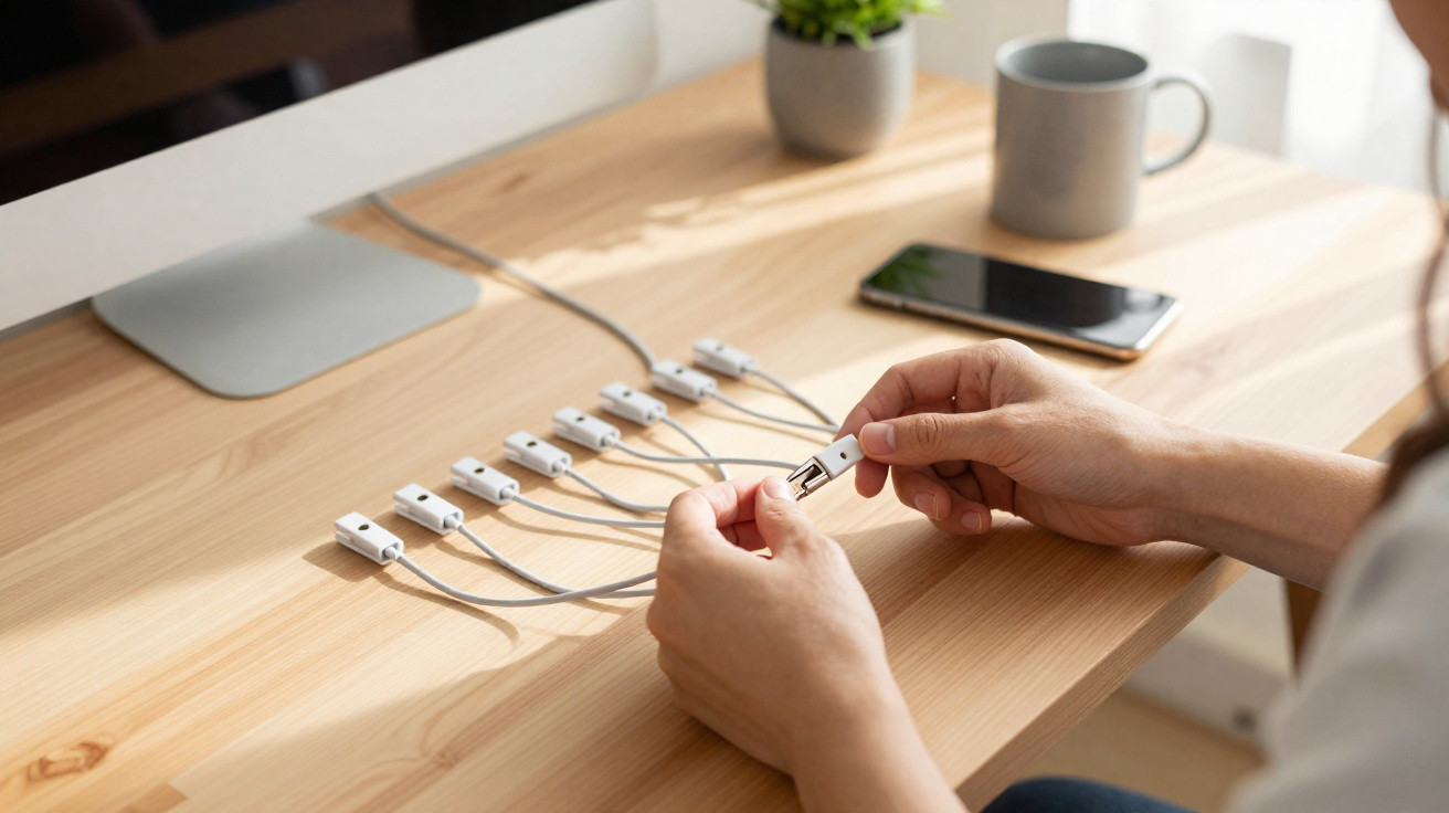 Pessoa segurando adaptador USB branco com vários adaptadores conectados em mesa de madeira.