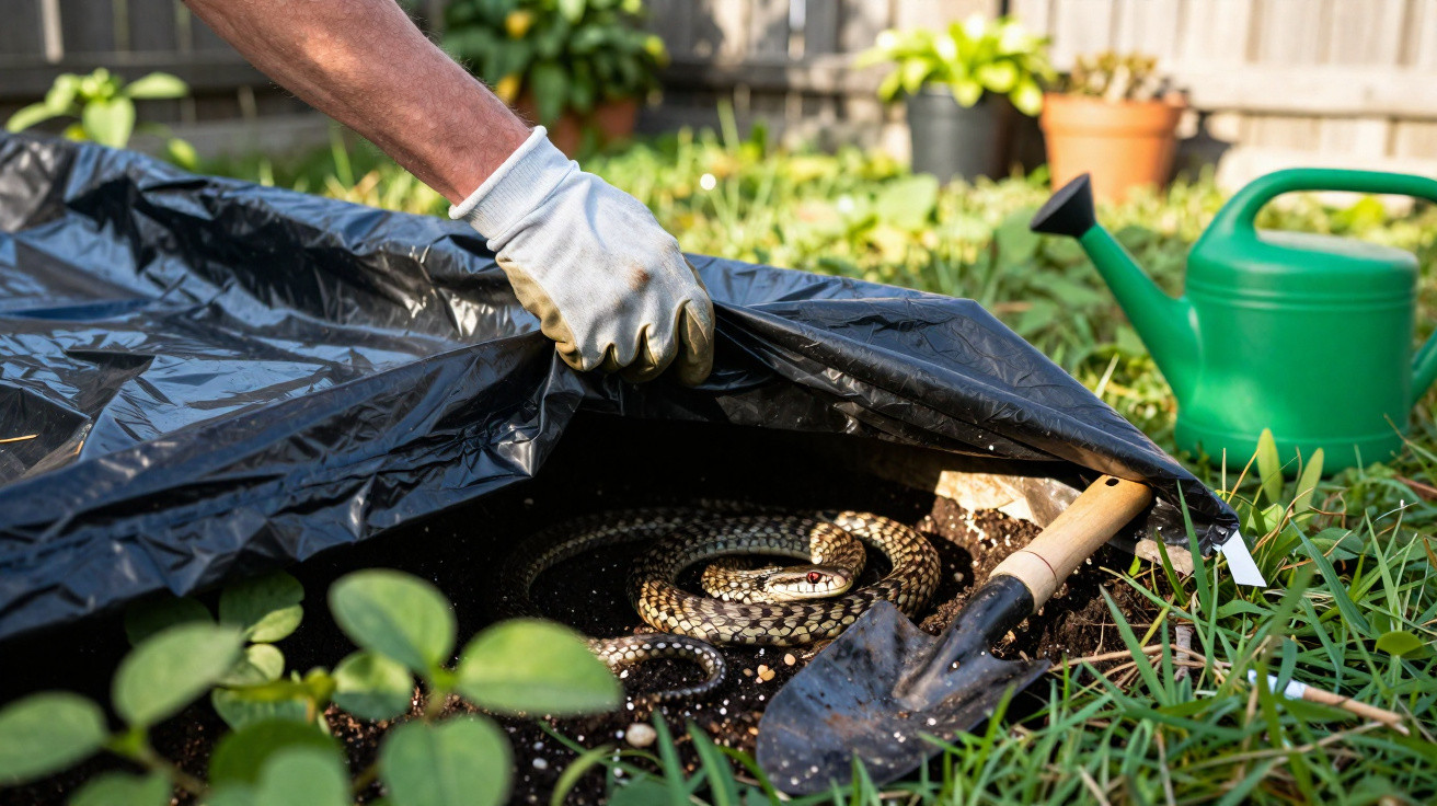 Mão com luva removendo plástico preto do chão em jardim, revelando cobra enrolada próxima a pá e regador verde.