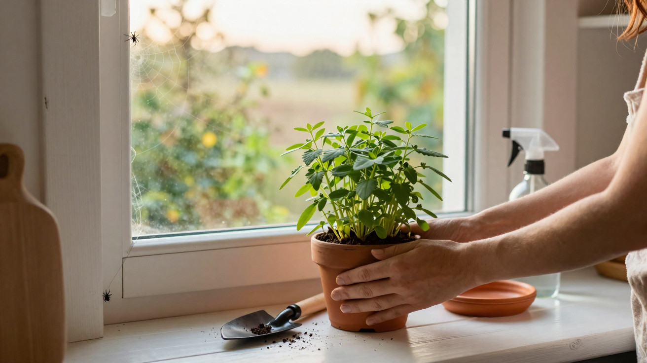 Pessoa cuidando de planta em vaso perto de janela com aranha e teia visíveis no canto esquerdo.