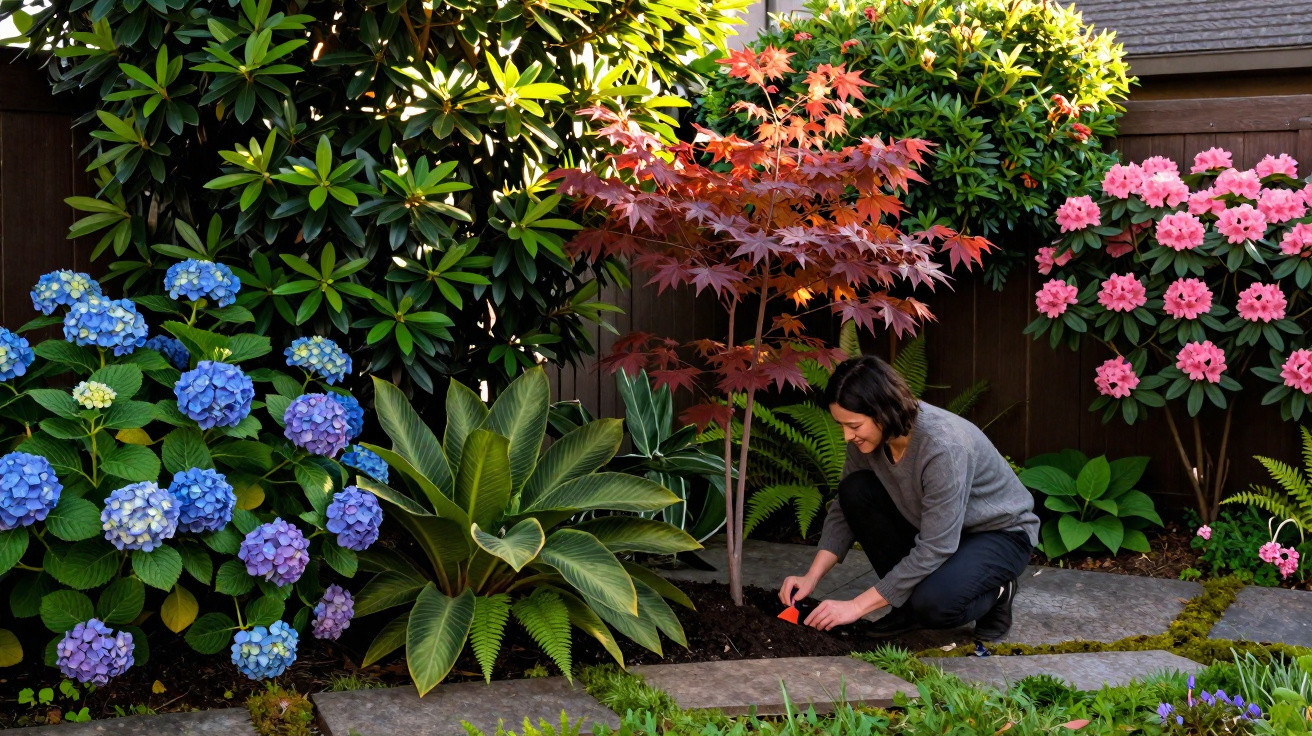 Pessoa agachada cuidando de plantas em jardim com flores coloridas e arbustos verdes.