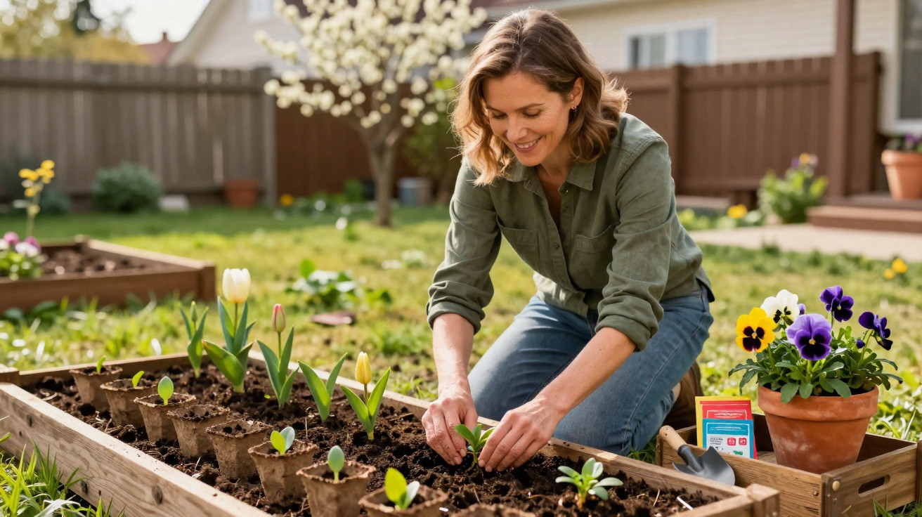 Mulher sorridente cuidando de plantas em canteiro de jardim em dia ensolarado no quintal de casa.