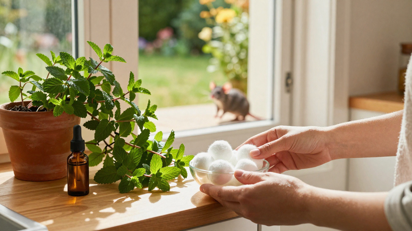 Mãos seguram bolas de algodão perto de planta, frasco e janela com um rato do lado de fora.