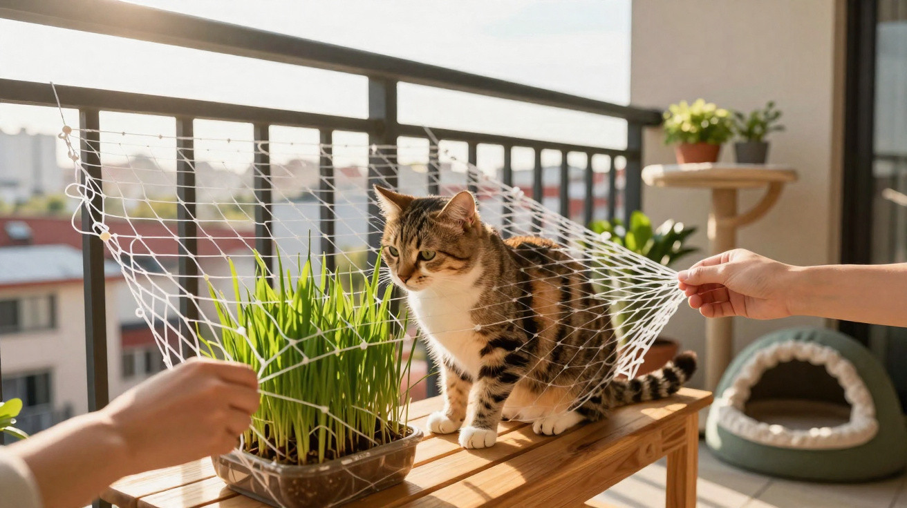 Gato em varanda sobre mesa de madeira com duas mãos segurando rede branca ao redor dele.
