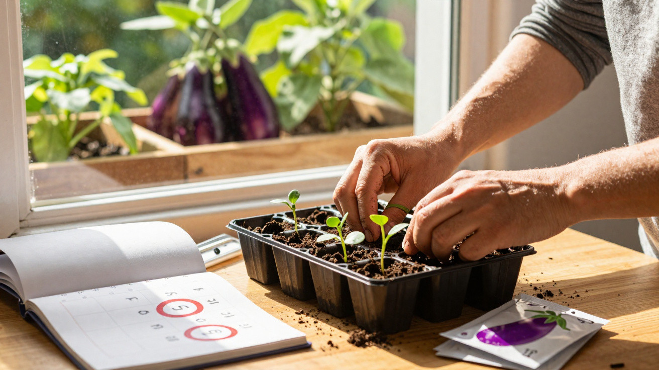 Mãos cuidando de mudas em bandeja preta próximo a calendário e janela com plantas ao fundo.