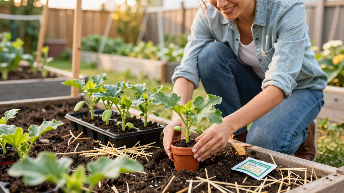 Mulher plantando muda em vaso no jardim, cercada por mudas em bandeja e terra preparada.