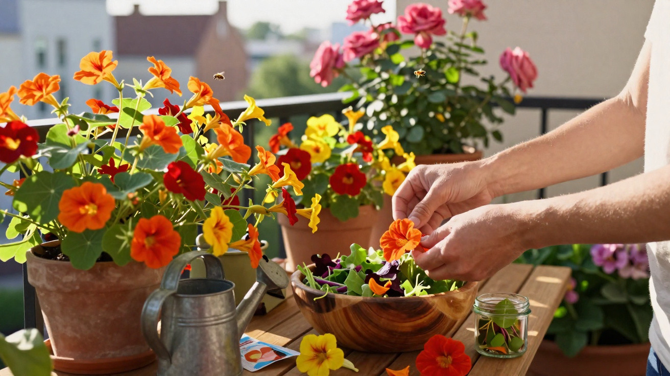 Mãos colocando flores comestíveis coloridas em uma tigela de madeira sobre mesa com regador e vasos no jardim.