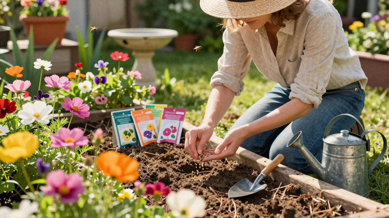 Pessoa com chapéu cultivando sementes em canteiro de jardim cercado por flores coloridas.